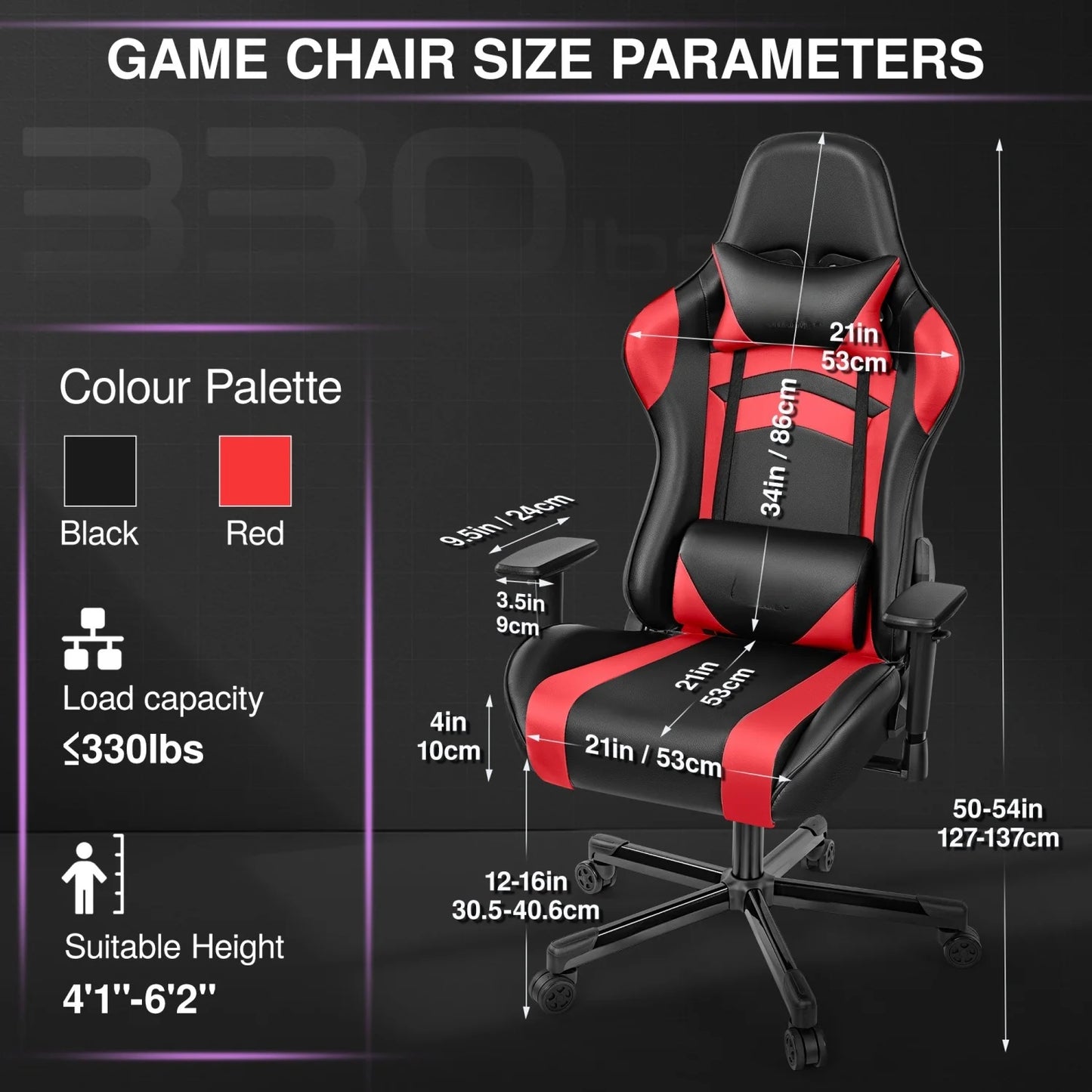 Gaming chair, PU leather adjustable in multiple directions, with lumbar support and headrest, ergonomic, black and red