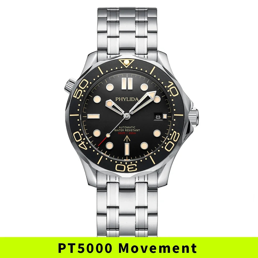 PHYLIDA Black Dial PT5000 MIYOTA Automatic Watch DIVER 200M 007 NTTD Style Sapphire Crystal Solid Bracelet Waterproof 20Bar