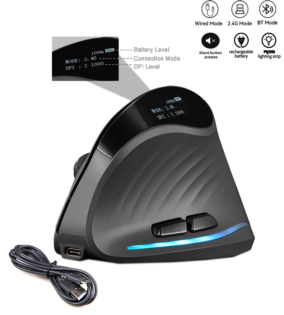 Rechargeable Wireless Vertical Mouse With Screen Display Ergonomic Mice 6 Button Progammable Gaming Mouse for Gamer Desktop