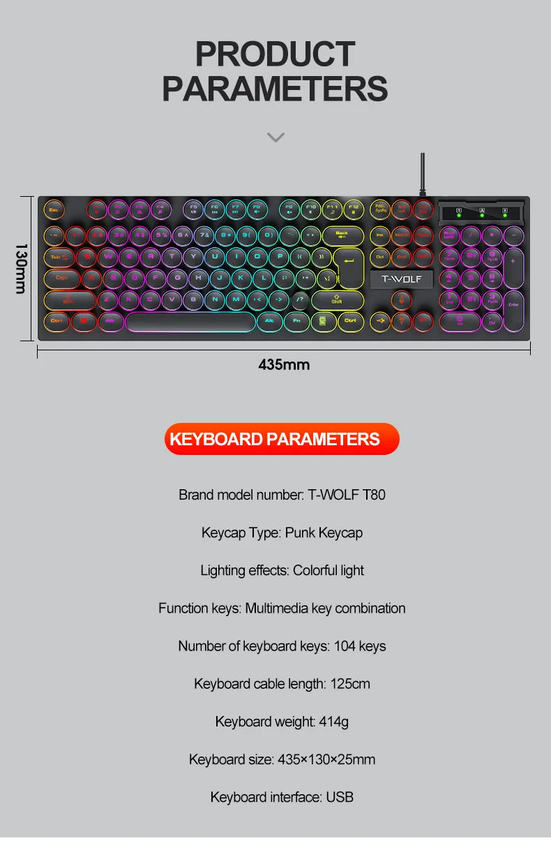 Typewriter style Mechanical feel Gaming Keyboard, Wired, RGB Backlit, Round Keycaps Mouse and Keyboard Bundle Waterproof 104-Key