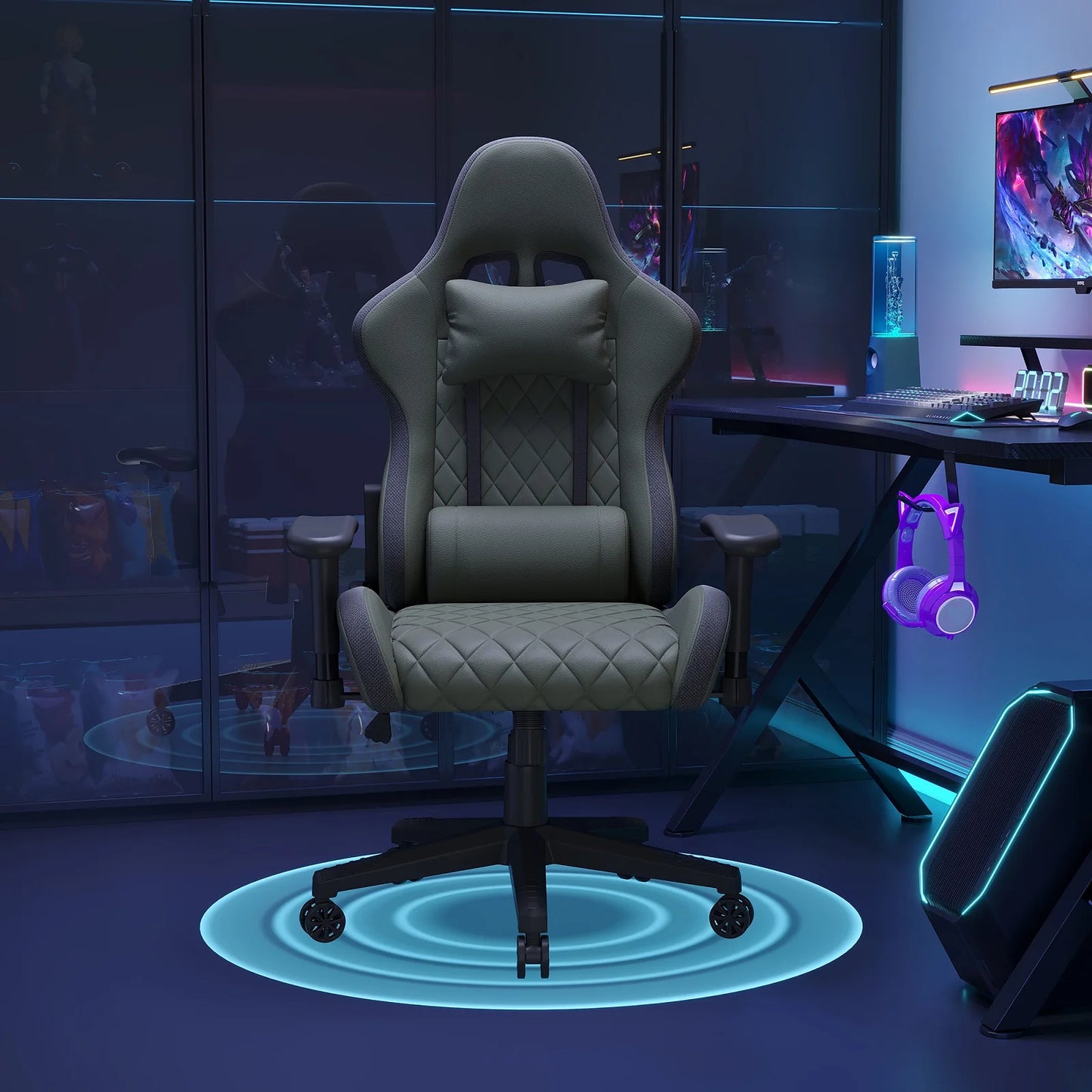 Ergonomic Gaming Chair with Massage Function, RGB LED, 90-135 Degree Recline,Up to 130kg,Office Chair, Premium Leather,Black
