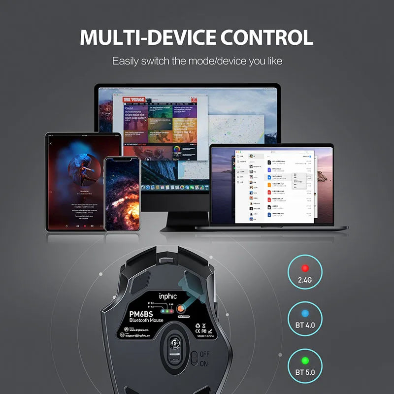 INPHIC PM6BS, 3 Modes Bluetooth 5.0&4.0 Wireless 2.4G Rechargeable Wireless Mouse with 6 Buttons, Ergonomic for Laptop, Mac, PC