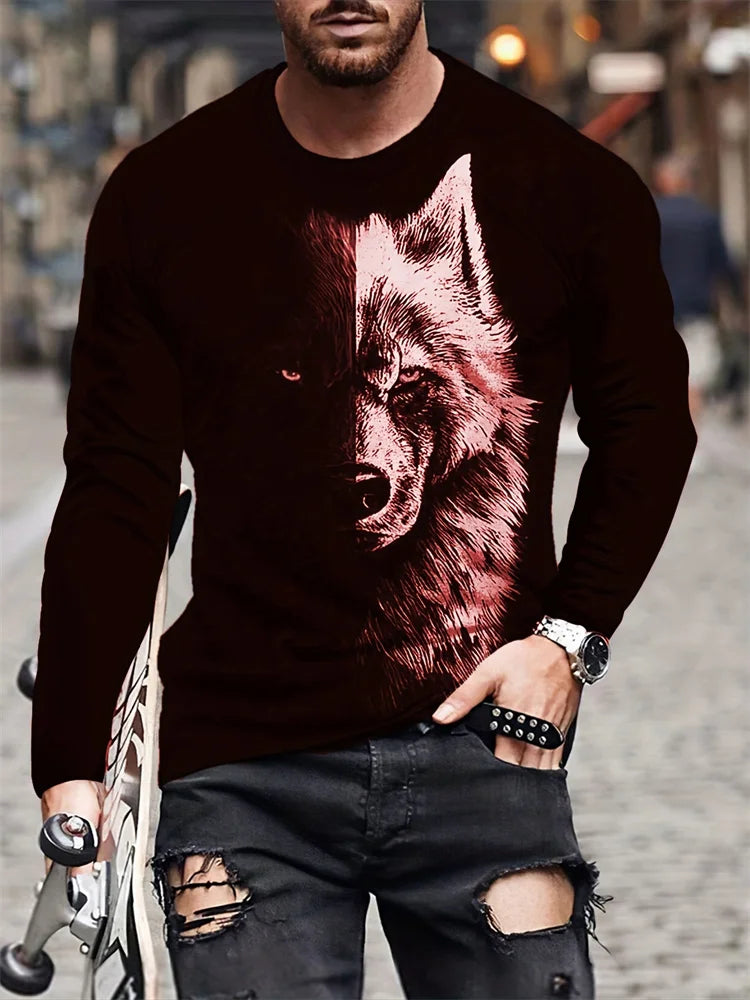 2024 New Wolf Print Men's Long Sleeve T-shirt Spring and Autumn Daily Casual Street Fashion Men's Long Sleeve T-shirt