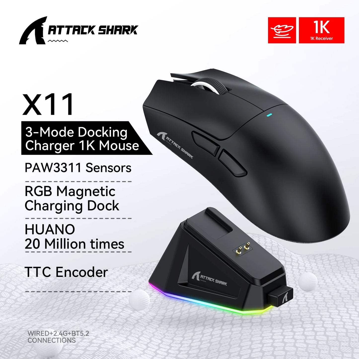 ATTACK SHARK X11 Gaming Mouse and X11 SE Wireless Mouse 22000 DPI,PAW3311 Sensor,BT/2.4G/Wired,59g Lightweight,2000W Clicks