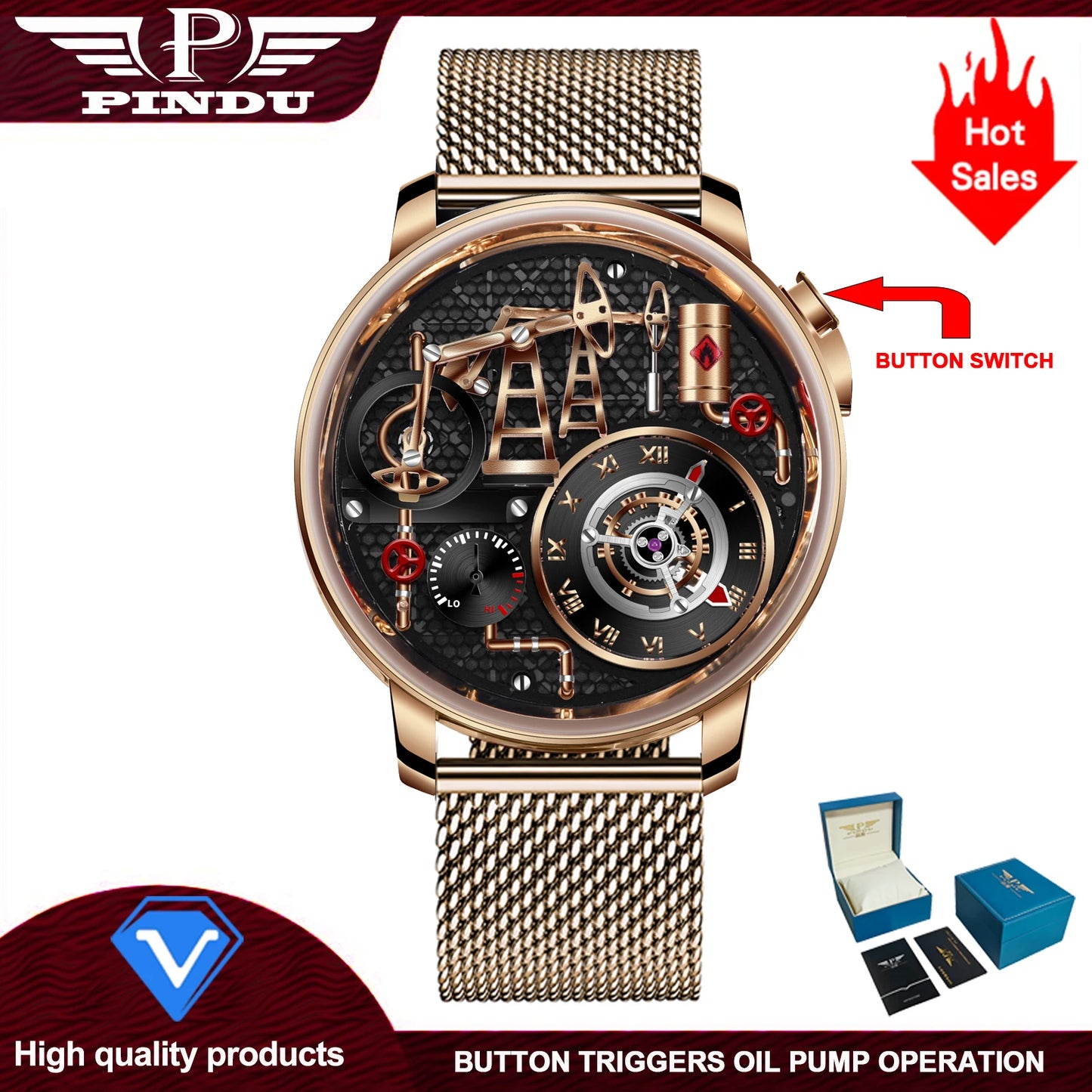 PINDU Design New Button Oil Pump Quartz Watch for Men Swiss Quartz 762 Movement Sapphire Waterproof Stainless Steel Men's Watch
