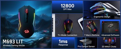 Redragon M693 LIT Wireless Gaming Mouse, 12800 DPI Mice w/ 3-Mode Connection, BT & 2.4G Wireless, 7 Macro Buttons
