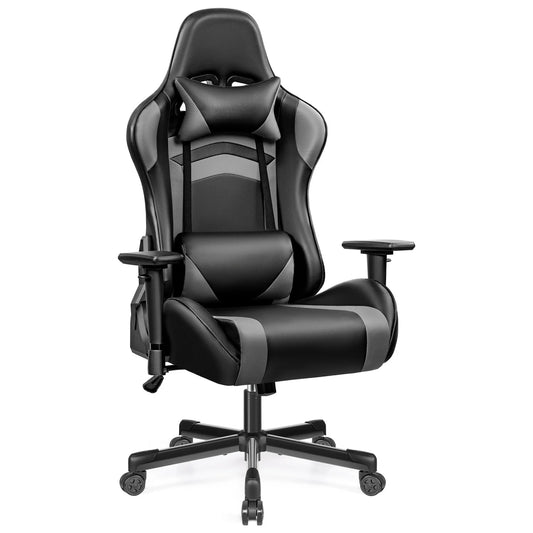 Gaming chair PU leather adjustable in multiple directions, with lumbar support and headrest, ergonomic, black-gray
