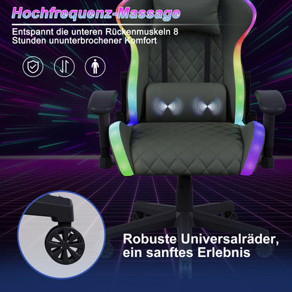 Comanlai Rgonomic Gaming Chair with RGB Lighting, PVC Leather Computer Chair, Adjustable Seat Height and Backrest, Waist Massage