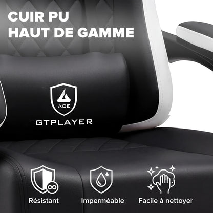 GTPLAYER Ergonomic Gaming Chair with Footrest, Faux Leather Gaming Chair, Spring Cushion Seat, Adjustable Armrests, 150KG Desk Chair
