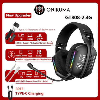 Onikuma Gt808 Three Modes with Mic E-Sports Wireless Gaming Headset Rgb Lighting Supports Bluetooth 5.3 / 2.4g / Aux 3.5mm
