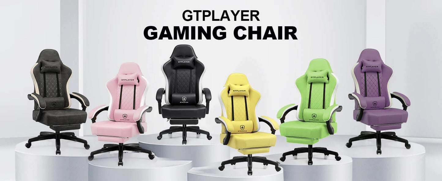 GTPLAYER Ergonomic Gaming Chair with Footrest, Faux Leather Gaming Chair, Spring Cushion Seat, Adjustable Armrests, 150KG Desk Chair