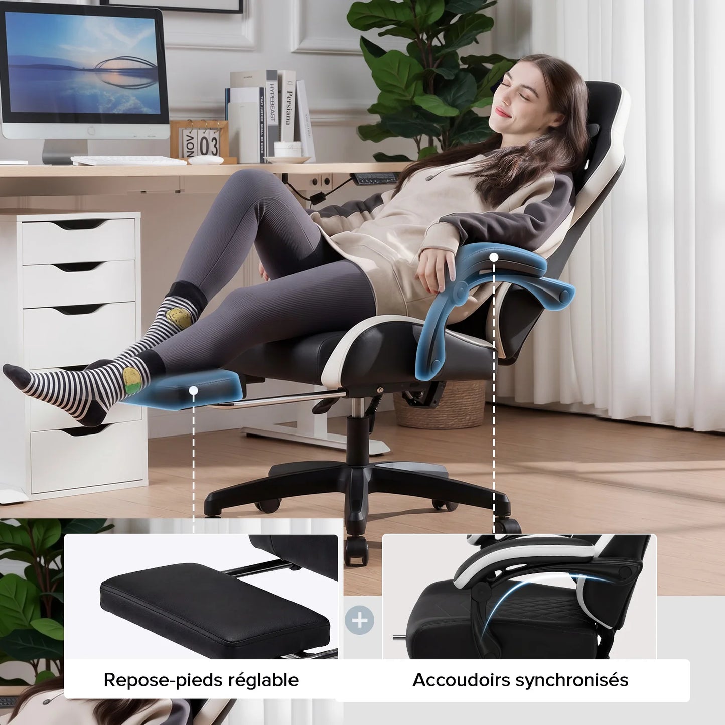 GTPLAYER Ergonomic Gaming Chair with Footrest, Faux Leather Gaming Chair, Spring Cushion Seat, Adjustable Armrests, 150KG Desk Chair