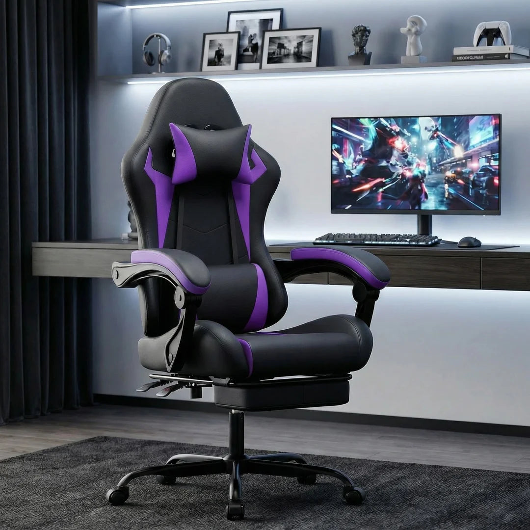 Gaming Stuhl Ergonomisch Gaming Chair mit Lendenkissen und Kopfstütze, Gamer Stuhl Höhenverstellbar, Pc Stuhl für Erwachsene Mäd