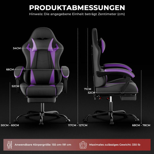 Gaming Stuhl Ergonomisch Gaming Chair mit Lendenkissen und Kopfstütze, Gamer Stuhl Höhenverstellbar, Pc Stuhl für Erwachsene Mäd