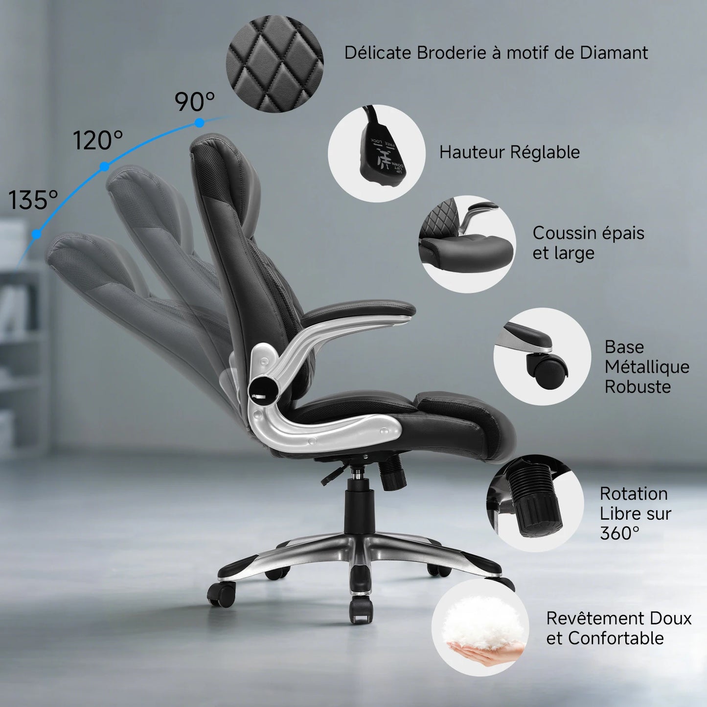 COMHOMA office chair Ergonomic desk chair with folding armrests with high backrest, scratch resistant leather