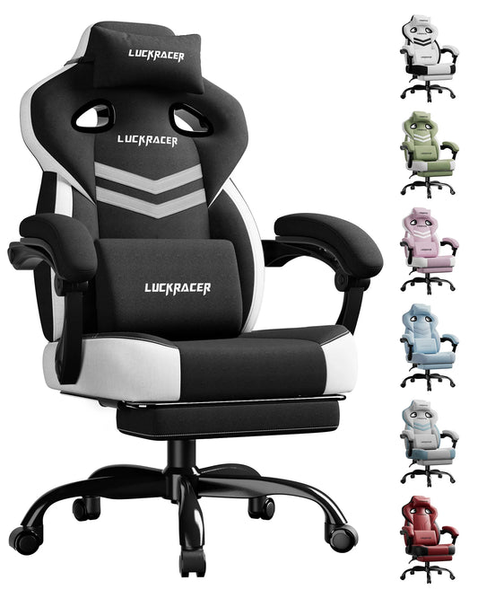 LUCK RACER Gaming chair, Connected Armrests Office Chair, Memory Foam Cushion, 90-155 ° Incline Angle and Footrest