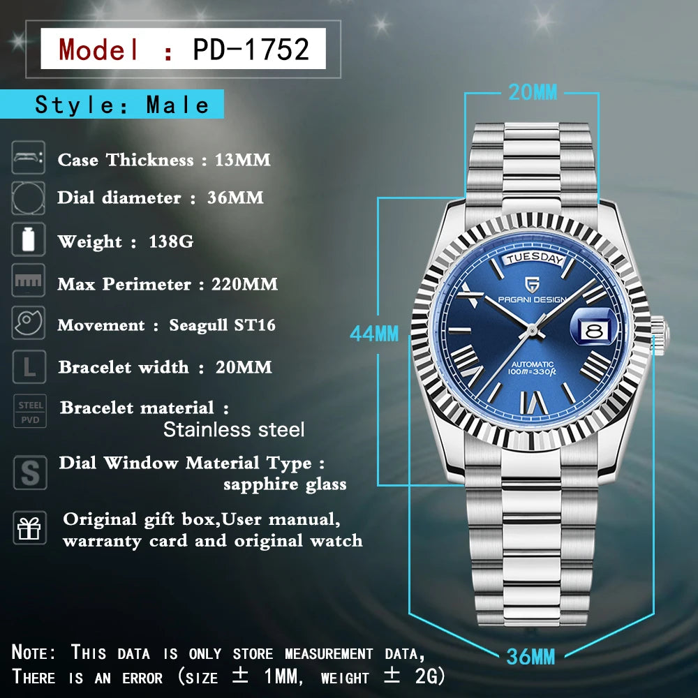 Men's watches PAGANI DESIGN New D36 Date, luxury top-end automatic mechanical Watch, Men's Watch with AR Sapphire glasses, 10 bar waterproof