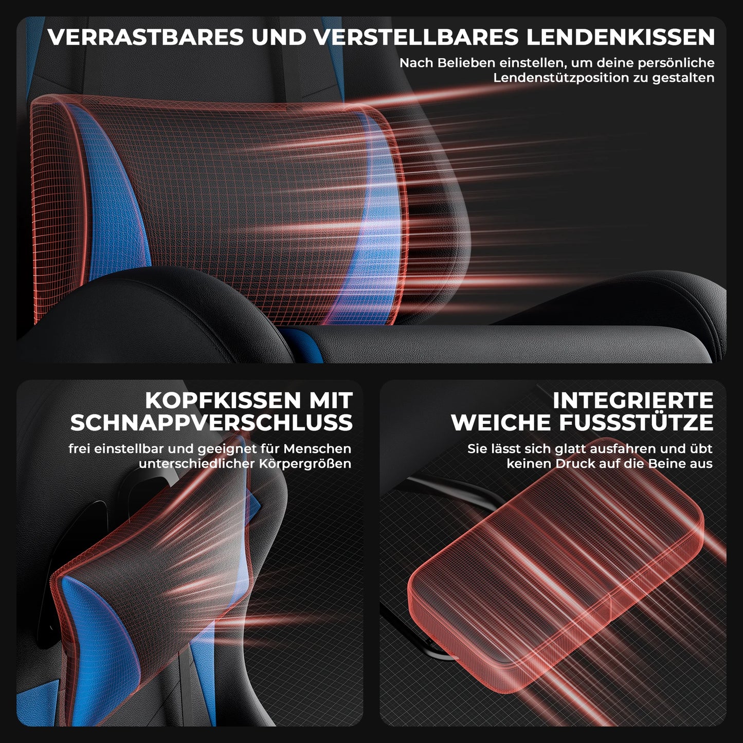 Black & Blue PU Leather Gaming Chair, Ergonomic Racing Style Computer Chair with Footrest, Height Adjustable Swivel Office Chair with Lumbar Support & Headrest for Adults, Boys and Girls
