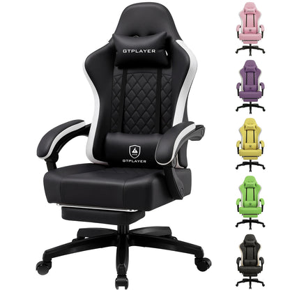 GTPLAYER Ergonomic Gaming Chair with Footrest, Faux Leather Gaming Chair, Spring Cushion Seat, Adjustable Armrests, 150KG Desk Chair
