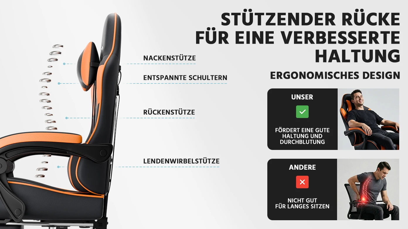 Black & Orange Gaming Chair, Ergonomic PU Leather Computer Chair with Footrest, Adjustable Swivel Office Chair with Lumbar Support & Headrest, Breathable High-Back Chair for Gaming & Work