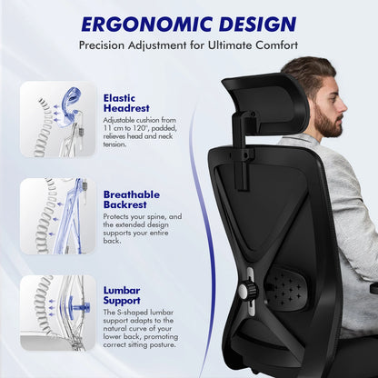 Hiazurm Office Chair Ergonomic, Desk Chair with Lumbar Support 3D, Height-adjustable Office Chairs for home with Adjustable Headrest and Armrests, Computer Chairs Ideal for Company,  Home and Gaming