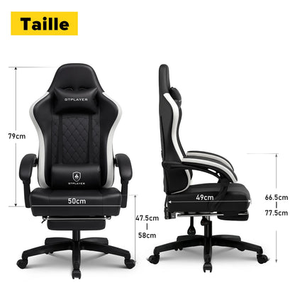 GTPLAYER Ergonomic Gaming Chair with Footrest, Faux Leather Gaming Chair, Spring Cushion Seat, Adjustable Armrests, 150KG Desk Chair