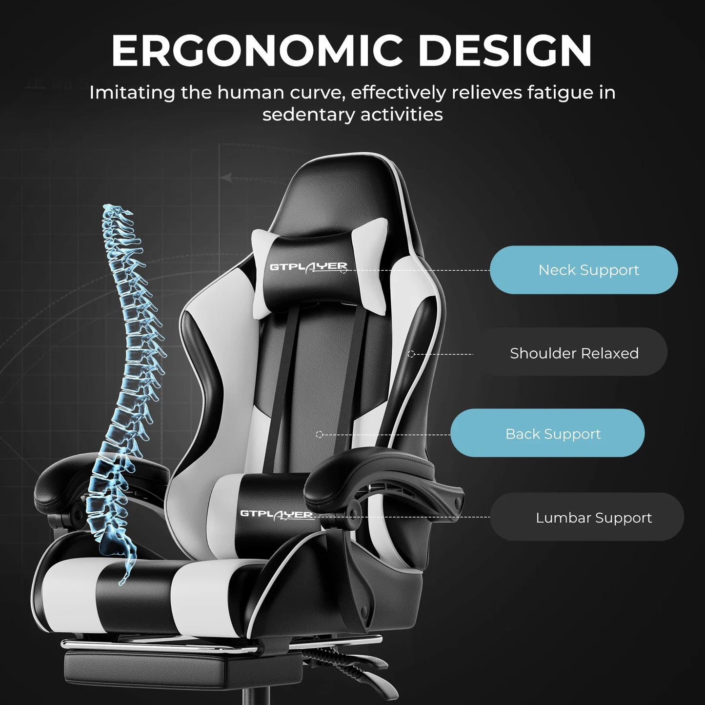 GTPLAYER Gaming chair with massage Lumin cushion & footrest, Ergonomic office chair with padded seat, swivel chair up to 150 kg