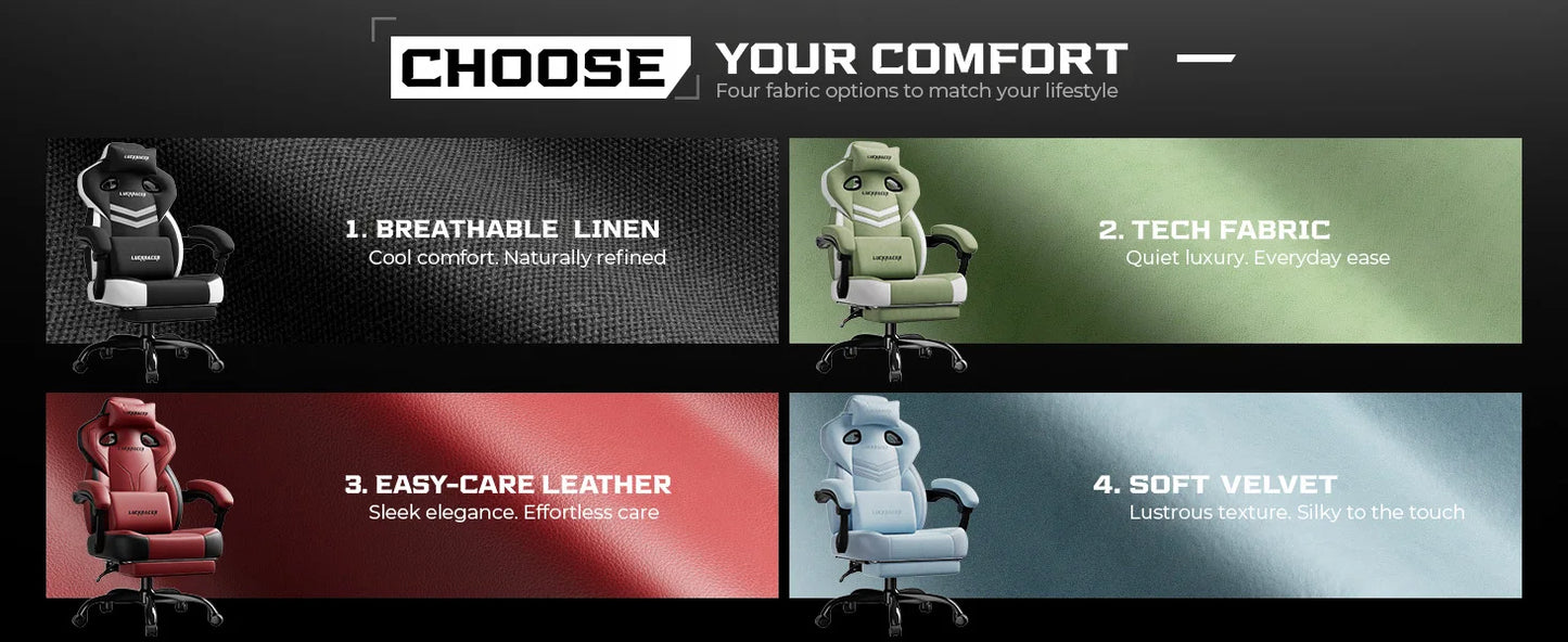 LUCK RACER Gaming chair, Connected Armrests Office Chair, Memory Foam Cushion, 90-155 ° Incline Angle and Footrest