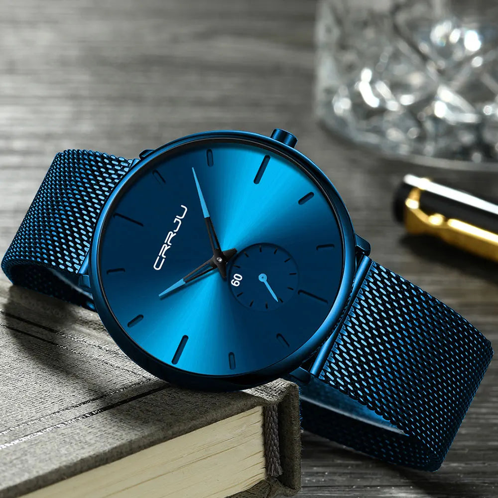 Relógio para homem CRRJU – Relógio de quartzo de luxo, estilo descontraído, fino, com bracelete em malha de aço, estanque e desportivo.