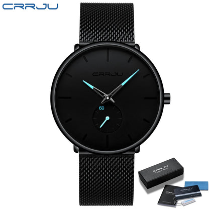 Relógio para homem CRRJU – Relógio de quartzo de luxo, estilo descontraído, fino, com bracelete em malha de aço, estanque e desportivo.