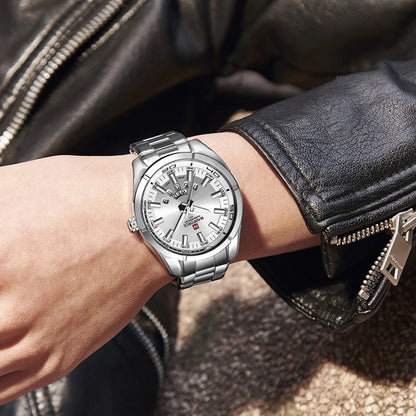 Orologio da uomo NAVIFORCE, interamente in acciaio, impermeabile, stile casual, movimento al quarzo con datario – Orologio da polso di lusso da uomo, di un marchio di primo piano.