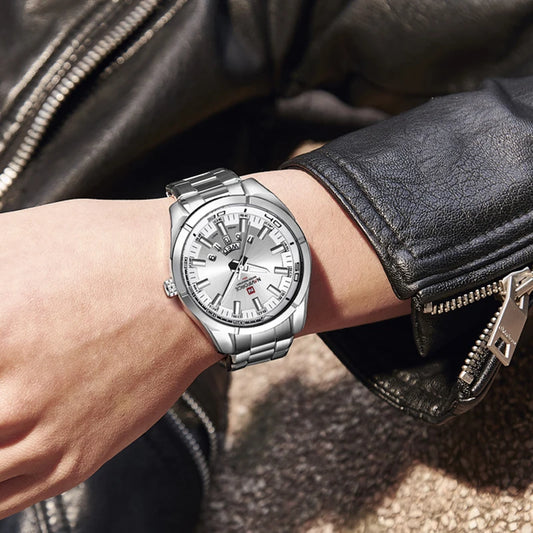 Orologio da uomo NAVIFORCE, interamente in acciaio, impermeabile, stile casual, movimento al quarzo con datario – Orologio da polso di lusso da uomo, di un marchio di primo piano.