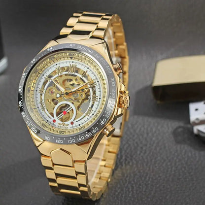 WINNER Montres pour homme en or Montre mécanique automatique Montre-bracelet squelette pour homme Bracelet en acier inoxydable Marque de luxe Design sportif