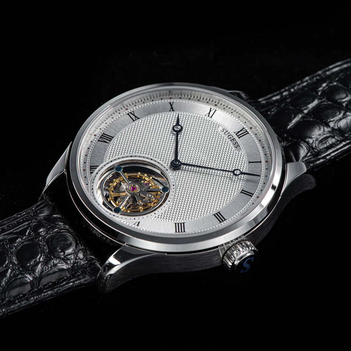 Montres pour homme Sugess Tourbillon ST8230 : montre-bracelet squelette vintage mécanique avec mouvement authentique de Tianjin, élégante, en cuir de crocodile