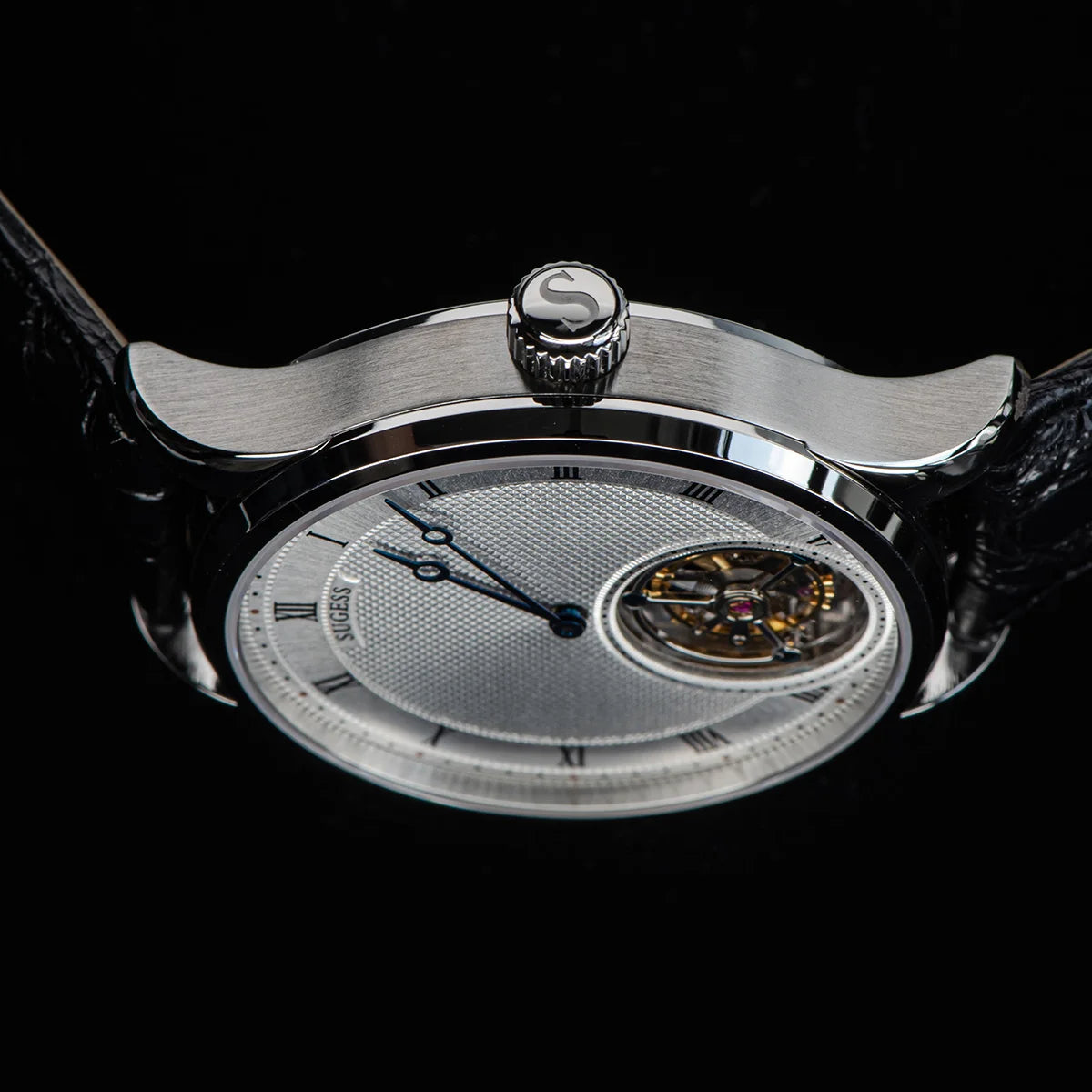 Montres pour homme Sugess Tourbillon ST8230 : montre-bracelet squelette vintage mécanique avec mouvement authentique de Tianjin, élégante, en cuir de crocodile