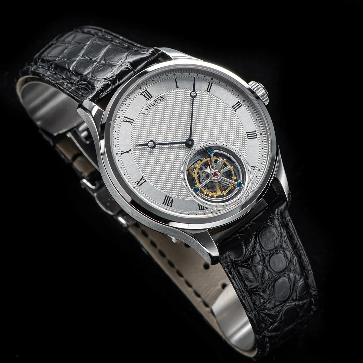 Montres pour homme Sugess Tourbillon ST8230 : montre-bracelet squelette vintage mécanique avec mouvement authentique de Tianjin, élégante, en cuir de crocodile