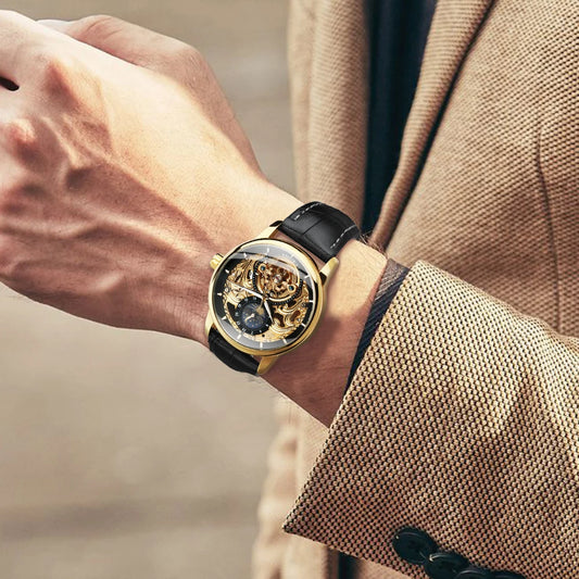 Orologio meccanico automatico WINNER, stile retrò classico, modello di lusso con tourbillon e quadrante scheletrato, dotato di indicatore delle fasi lunari e cinturino in vera pelle.