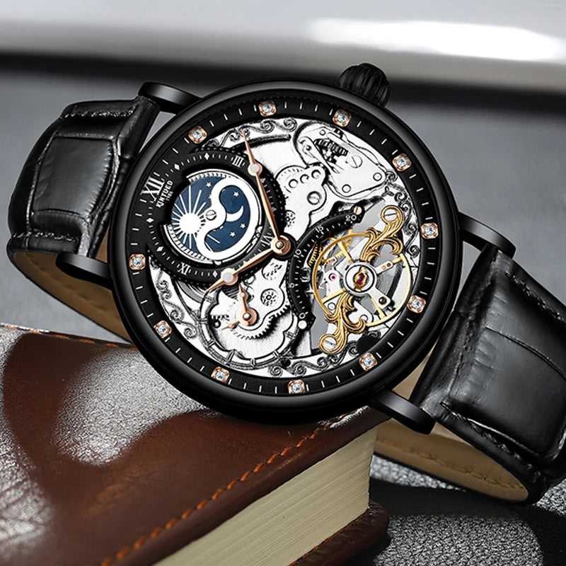 Orologio da uomo KINYUED – Modello di lusso, stile scheletrato con tourbillon, movimento meccanico a carica automatica, cassa color oro rosa, impermeabile.