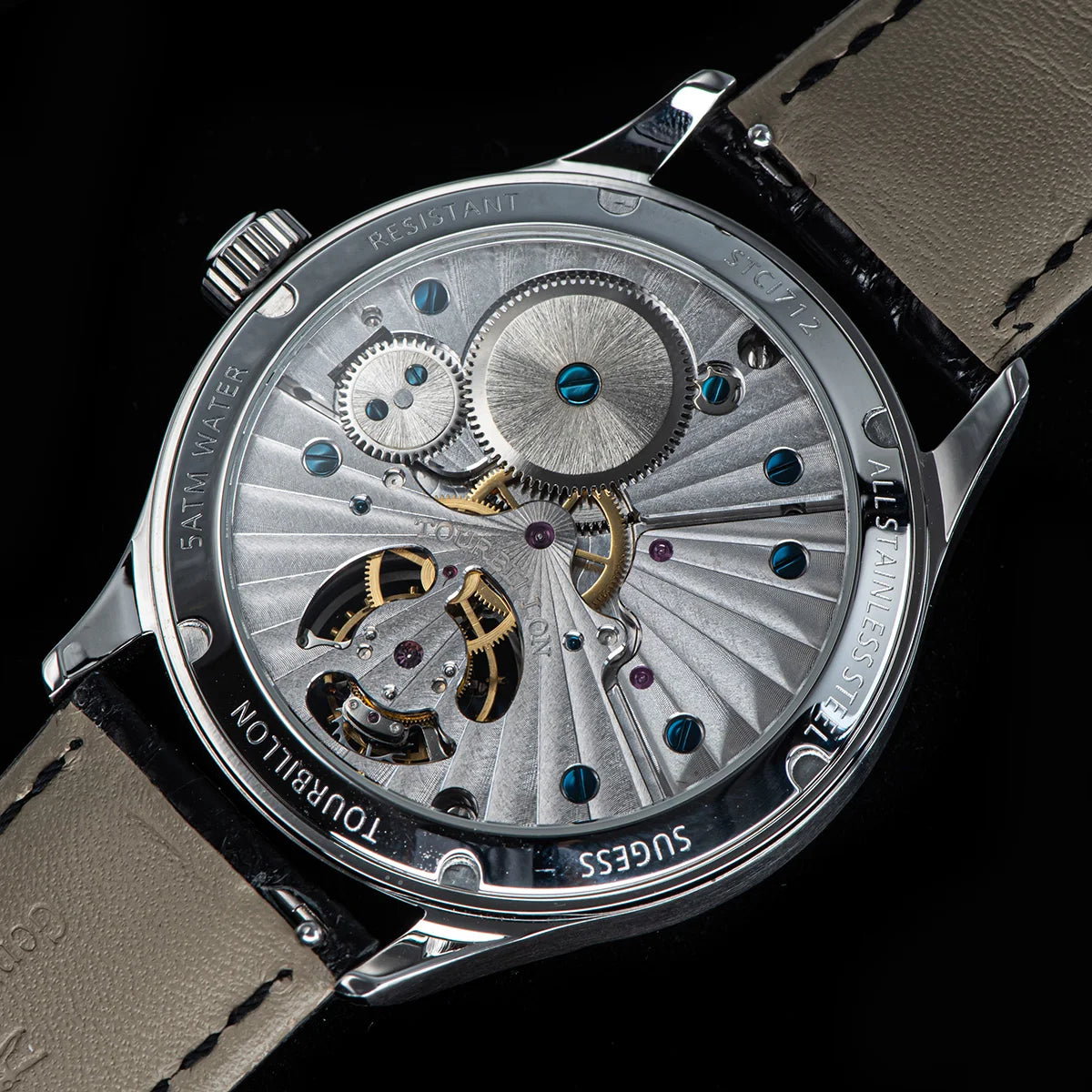 Montres pour homme Sugess Tourbillon ST8230 : montre-bracelet squelette vintage mécanique avec mouvement authentique de Tianjin, élégante, en cuir de crocodile