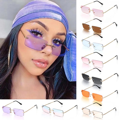 1PC Trendy Fashion Rimless Small Rectangle Sunglasses Women Men 2023 Shades Alloy Metal Glasses Traveling Style UV400 Eyewear