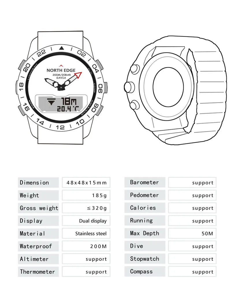 NORTH EDGE Mens Dive Watch Military Army Luxury Full Steel Smartwatch Compass Altimeter Barometer Digital Clock Waterproof 200m