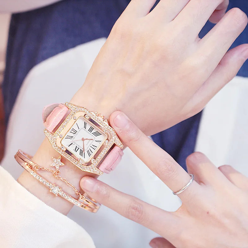 Square Women Watches Waterproof Luxury Rhinestone Quartz Wristwatch PU Leather Ladies Watch Female Ladies Watch Gift Wrist Watch