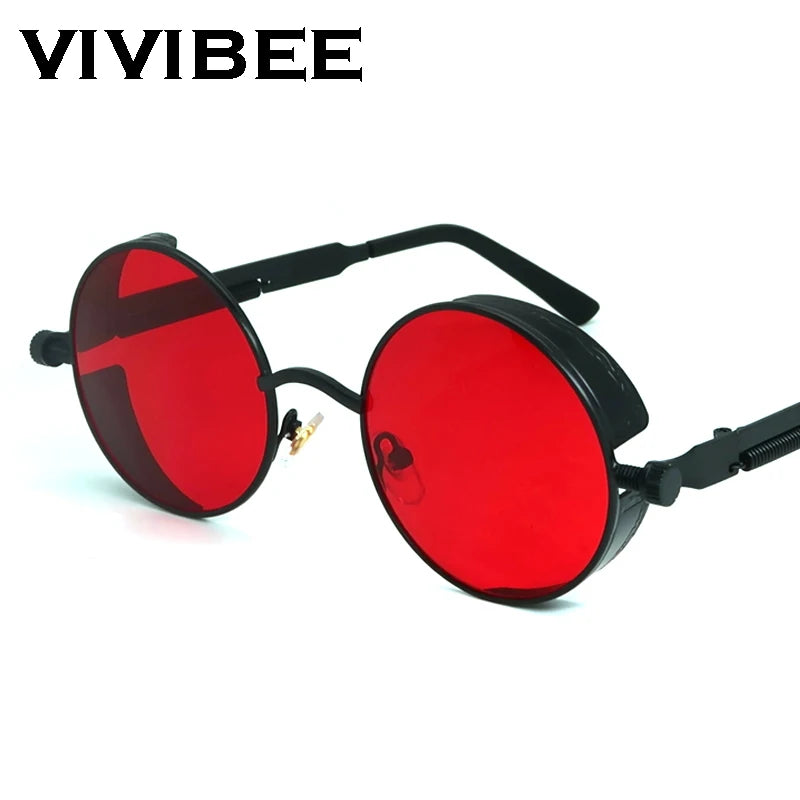 VIVIBEE Винтидж стиймпънк червени слънчеви очила за мъже, кръгли, пънк, от метална сплав, ретро слънчеви очила за жени, очила в готически стил