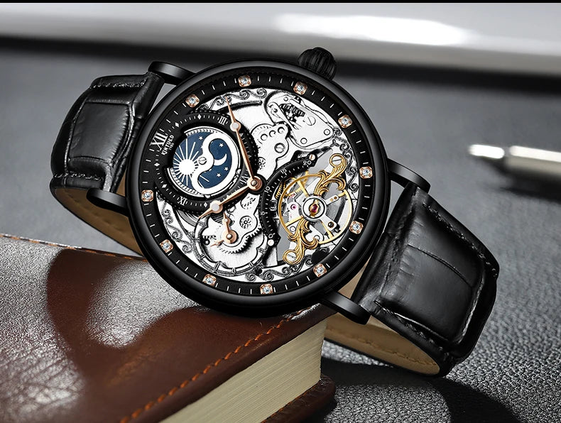 Orologio da uomo KINYUED – Modello di lusso, stile scheletrato con tourbillon, movimento meccanico a carica automatica, cassa color oro rosa, impermeabile.
