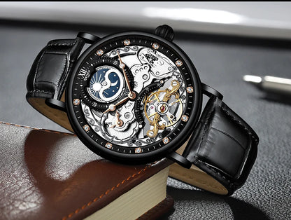 Orologio da uomo KINYUED – Modello di lusso, stile scheletrato con tourbillon, movimento meccanico a carica automatica, cassa color oro rosa, impermeabile.