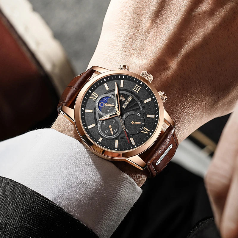 2025 New Mens Watches LIGE Top Brand Luxury Leather Casual Quartz Watch Men's Sport Waterproof Clock Watch Relogio Masculino+Box
