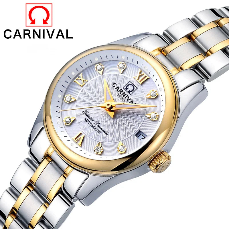 Orologio da polso meccanico da donna del marchio CARNIVAL – Modello elegante, movimento automatico, vetro zaffiro, impermeabile.