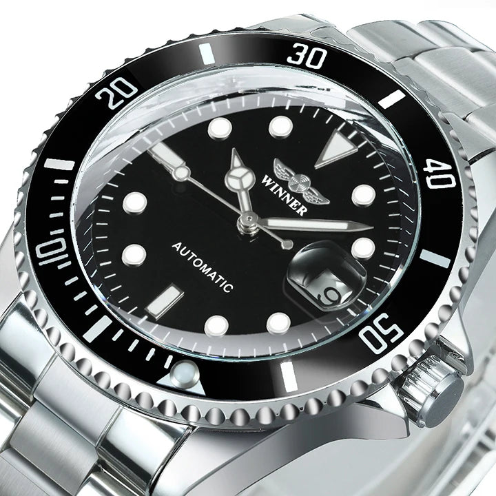 Orologio meccanico classico da uomo – Marchio di lusso, stile professionale, movimento automatico, lunetta girevole, quadrante luminescente, bracciale in acciaio