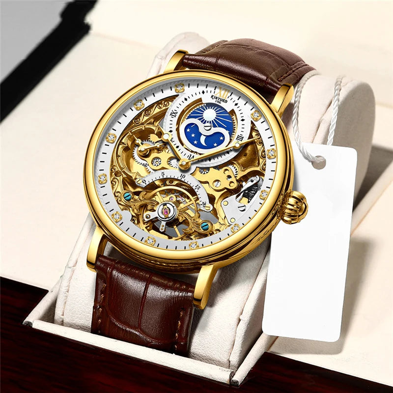 Orologio da uomo KINYUED – Modello di lusso, stile scheletrato con tourbillon, movimento meccanico a carica automatica, cassa color oro rosa, impermeabile.