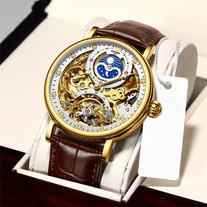 Orologio da uomo KINYUED – Modello di lusso, stile scheletrato con tourbillon, movimento meccanico a carica automatica, cassa color oro rosa, impermeabile.